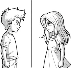 line art girl vs boy cartoon characters drawing for children colouring books competition