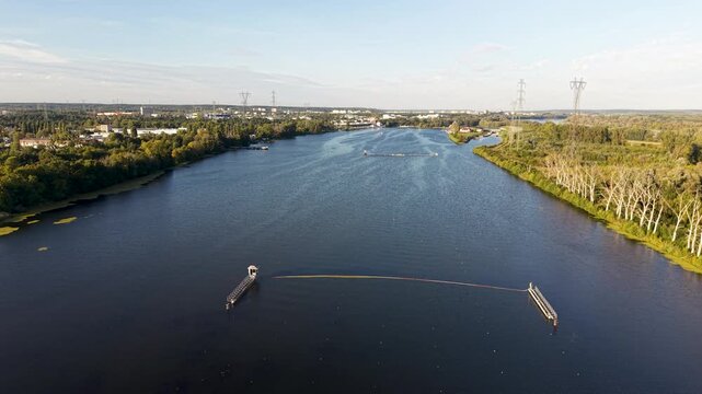Aerial Bydgoszcz Poland Brda River rowing Regatta Course 2. Historic center. Northern Poland. River Brda inland waterway, tributary of Vistula. International regatta rowing competition. NATO and EU.