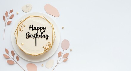 A celebratory cake with the words "Happy Birthday" displayed on top, surrounded by decorative elements.