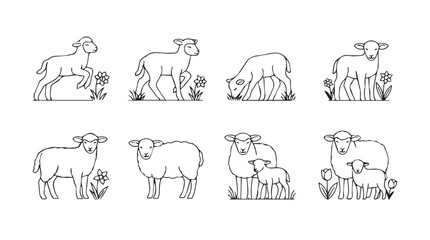 Collection of hand-drawn sheep and lambs in various poses amidst gentle grassland scenery silhouette