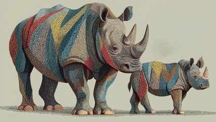 Fototapeta premium A vibrant and colorful illustration of a rhino and its calf, celebrating World Rhino Day with a unique artistic style that highlights conservation and protection