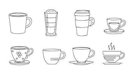 Collection of hand drawn coffee and tea cups and saucers artistic sketch styles silhouette