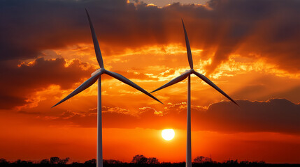 The image shows two large wind turbines silhouetted against a stunning sunset, with the sun glowing brightly on the horizon. The sky is painted in shades of orange, red, and gold, with dramatic clouds