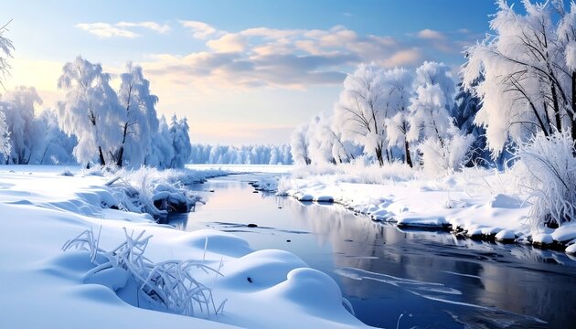 Serene winter scene, a snow-covered landscape with frosted trees lining a winding river under a pastel sky. Frozen elements capture peaceful stillness - Powered by Adobe