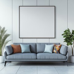 A modern living room scene showcasing a light gray couch with patterned throw pillows and a large blank frame on a white wall.