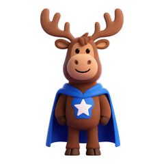 Brown Moose with Blue Cape and White Star, 3D Realism Illustration with Transparent Background