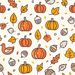 Playful Hand Drawn Doodle Pumpkins and Autumn Leaves Seamless Pattern