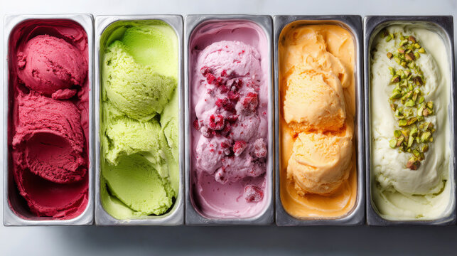Multi-colored ice cream: strawberry taste, green apple taste, raspberry taste, mango taste and pistachio taste in metal trays in the refrigerator in candy store. Generative AI image