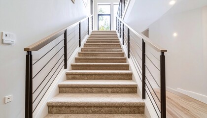 Fototapeta premium Modern staircase with metal railings and beige carpet leading towards an entrance