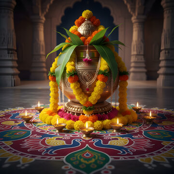 Sharad Navratri Kalash and Diyas &mdash; Traditional Hindu Festival Puja Setup