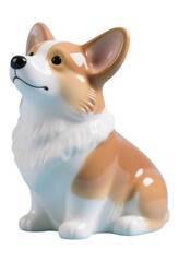 Ceramic Corgi Figurine with Glossy Finish, Sitting Pose on Transparent Background, 3D Realism Design Element