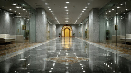 Fototapeta premium Modern office interior corridor with polished marble floor, glass walls, and comfortable seating, illuminated by ceiling lights creating bright and elegant atmosphere