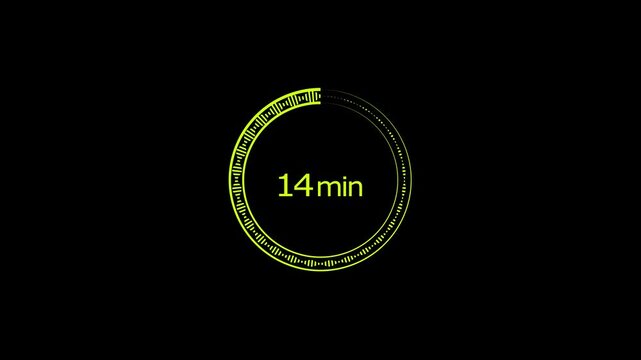 14 minute countdown clock icon, a modern circle and 14 minute clock loading icon animation. black background and creating a stunning 4k video.	