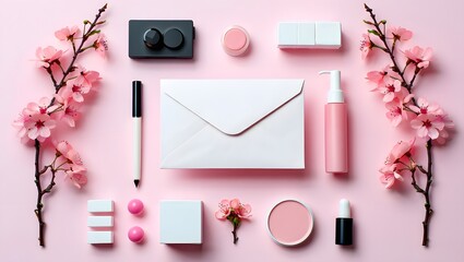 Flat lay of pink flowers and stationery items on a pink background studio shot