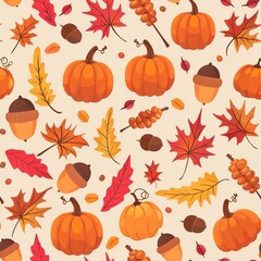 Seamless Autumn Pumpkin and Fall Leaves Pattern with Acorns and Foliage