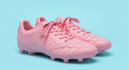 Pink soccer cleats with laces on blue background stylish modern sports footwear