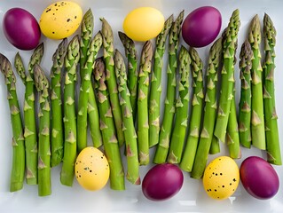 Asparagus spears with easter eggs arranged perfectly for a springtime celebration