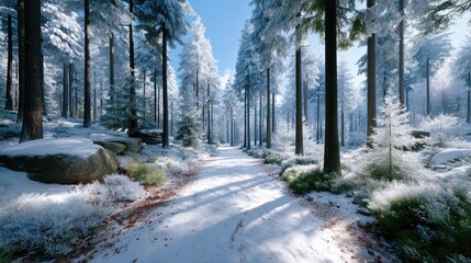 Snowy Forest Path in Winter Sunlight with Tall Trees and Soft Lighting Blue Sky Serene White Landscape and Shadows on Ground