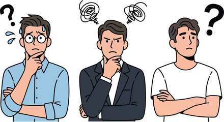 Fototapeta premium 3d three men with confused expressions and question marks above their heads