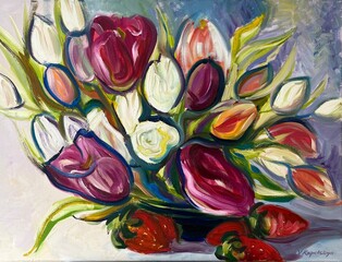 Painting by the author «Bouquet tulips with strawberries». Colourful oil painting on canvas. Oil paint texture with brush strokes. Modern art, cover design concept.