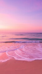 A pink sunset over the ocean with gentle waves washing onto the sandy shore, a serene scene