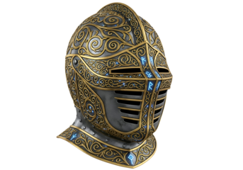 Ornate, metallic medieval knight's helmet, detailed in gold embellishments and glowing runes, set against a striking black background.