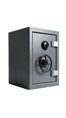 A gray, rectangular fireproof safe with a combination lock and a handle, isolated on a black background