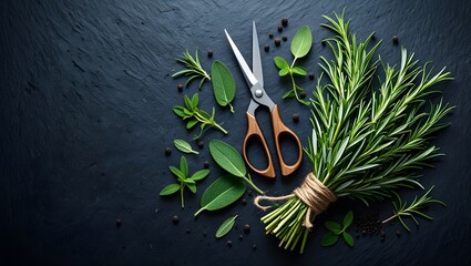 Fresh herbs and scissors on a dark background with natural light and soft shadows