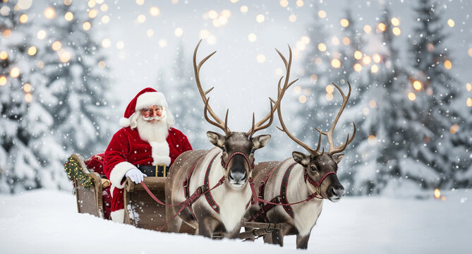 Santa Claus sitting on a sleigh in a fairy-tale winter forest. Christmas concept