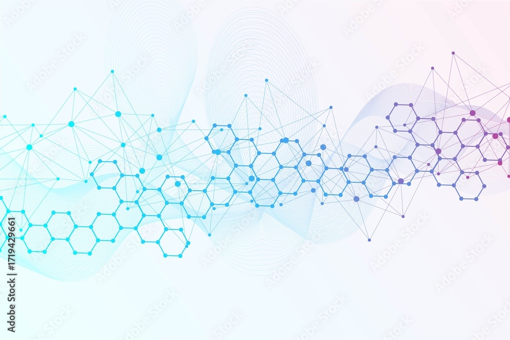 Wall mural modern science background with lines, dots and hexagons. wave flow abstract background. molecular st