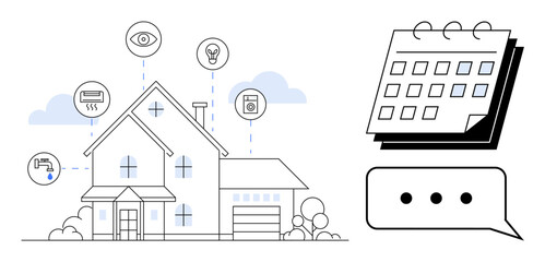 Fototapeta premium House with icons for monitoring and automation, calendar, speech bubble. Ideal for technology, smart living, scheduling, IoT, energy management, security simple flat metaphor