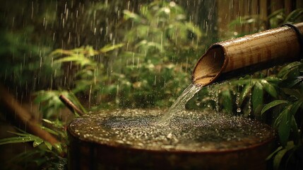 Zen garden scene featuring bamboo fountain in the rain creating a calming atmosphere