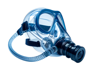 Transparent full-face diving mask with attached breathing apparatus and flexible hose