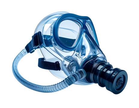 Transparent full-face diving mask with attached breathing apparatus and flexible hose