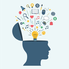 Creative mind with bulb and icons for idea generation and innovation concept