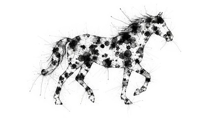 A dynamic black and white ink splatter illustration of a galloping horse.
