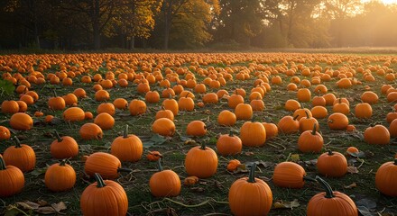 Obraz premium Pumpkin Patch Field with Orange Pumpkins During Sunset in Autumn