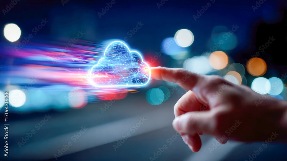 Poster hand pointing at a glowing digital cloud icon with network connections in dark background