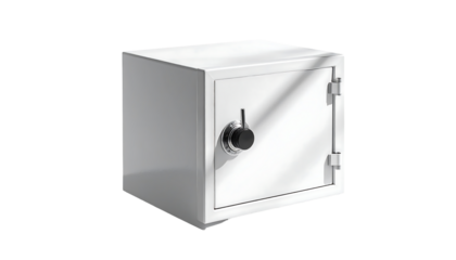 A white, cube-shaped fireproof safe with a single black dial lock, angled slightly, illuminated by a diagonal shaft of light