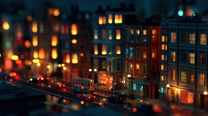 Obraz premium Miniature Cityscape at Night: A Detailed Model of Urban Life with Warm Lighting
