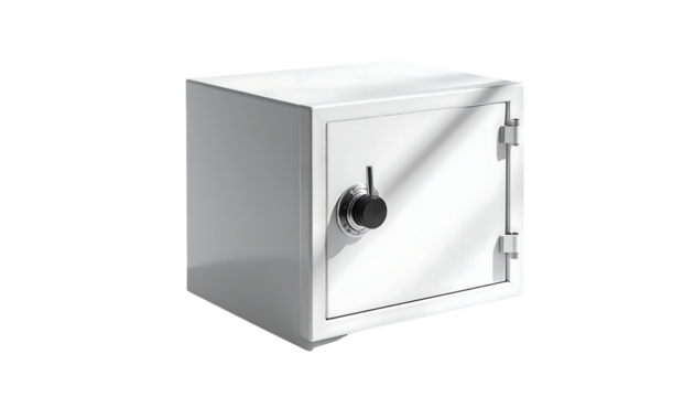 A white, cube-shaped fireproof safe with a single black dial lock, angled slightly, illuminated by a diagonal shaft of light