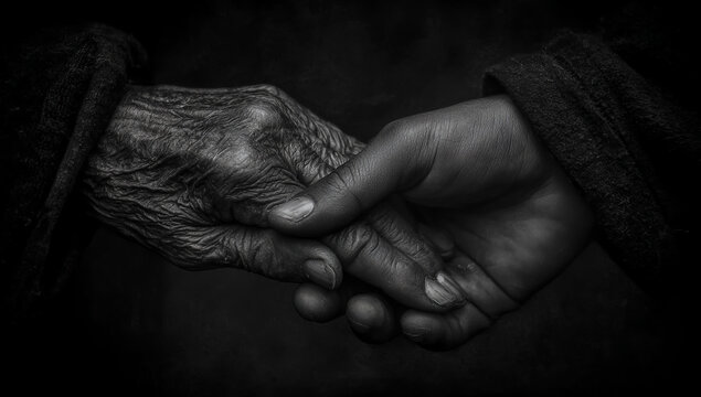 Close up black and white image of wrinkled elderly hands gently holding each other in a dark setting - Powered by Adobe