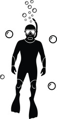 Silhouette of a scuba diver underwater with bubbles