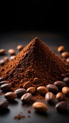 Aromatic coffee beans and powder arranged artfully on a dark surface for presentation