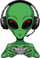 Green alien wearing headphones and playing video games with a controller