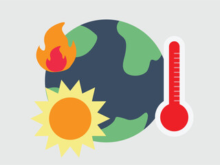 Illustration depicting global warming with a flaming Earth, a hot sun, and a rising thermometer, symbolizing climate change.