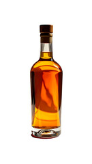 Amber liquid fills a clear glass bottle with a dark cap, set against a black background; light reflects the bottle's shape