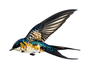 Obraz premium A vibrantly colored swallow in flight, wings spread, showcasing intricate feather patterns of teal, black, gold, and white against a black background