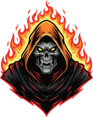 Scary grim reaper with fiery hood and skull face, representing death and danger in a dark, menacing style