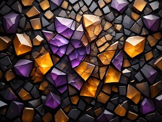 Abstract gemstone mosaic background with purple and gold crystals in a dark setting